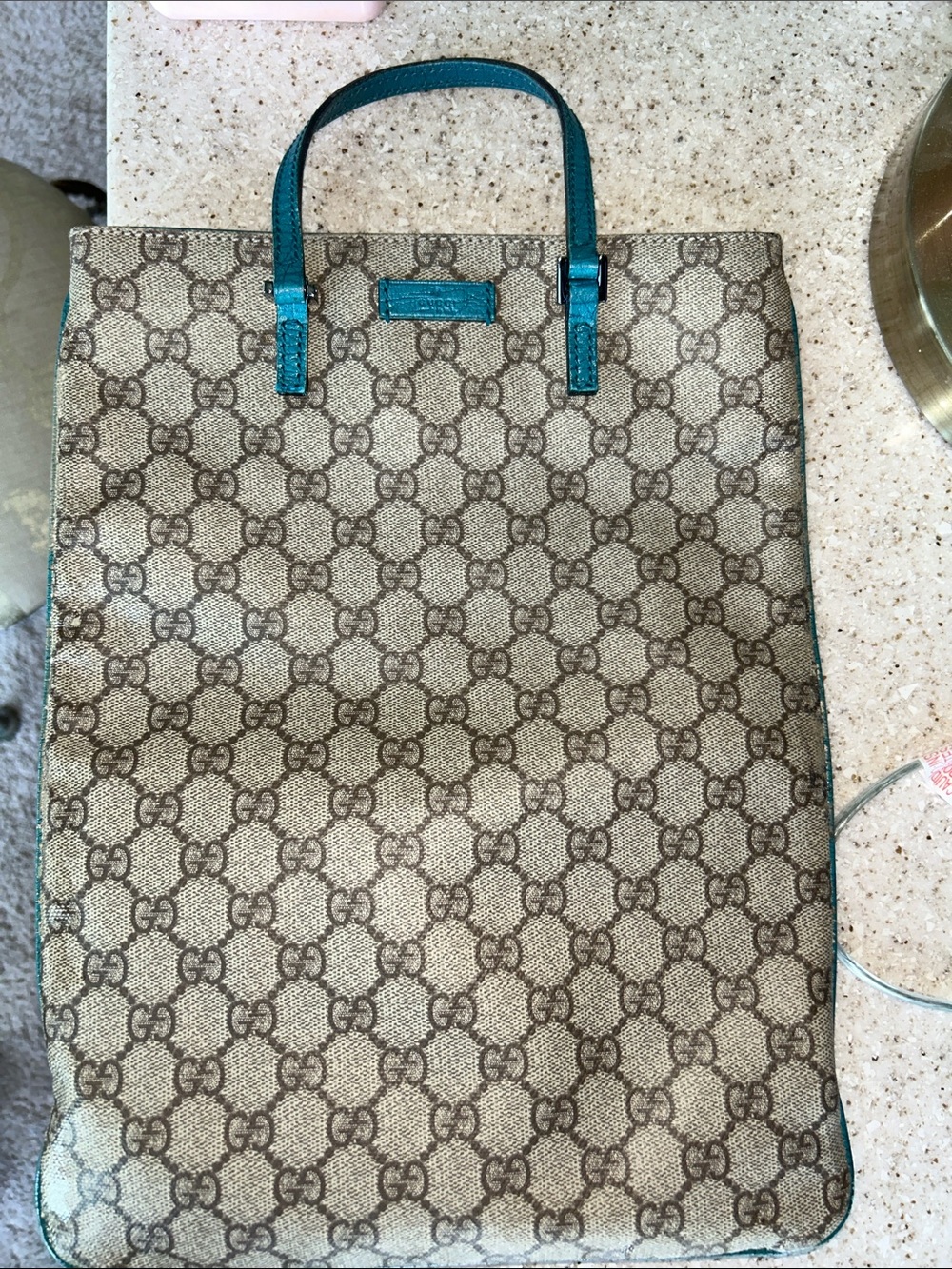 Gucci Beige GG Canvas Tote with Teal Trim - Picture 16 of 16